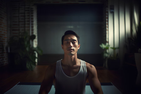 Young Asian man practicing yoga at home. Concept of healthy lifestyle and relaxation.の素材