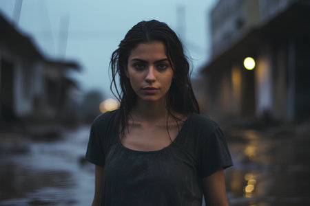 Portrait of a beautiful young woman in the street at night.の素材