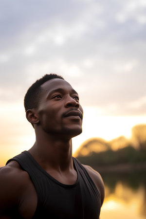 Portrait of a young african american man in sportswear looking away at sunsetの素材