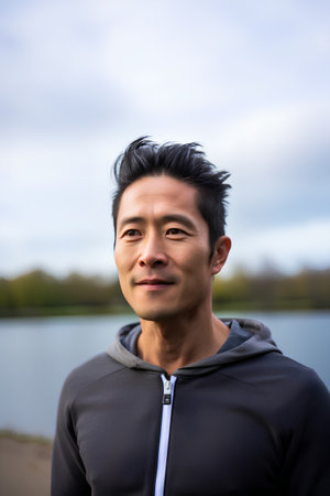 Asian man in sportswear looking at camera while standing in front of a lakeの素材