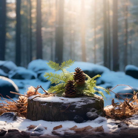 Pine cones on a stump in the winter forest. Christmas concept.の素材