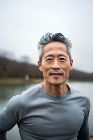Portrait of asian senior man wearing sportswear outdoors.の素材