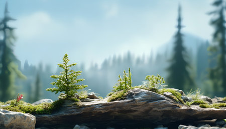 Fir tree growing on a rock in the middle of the forestの素材