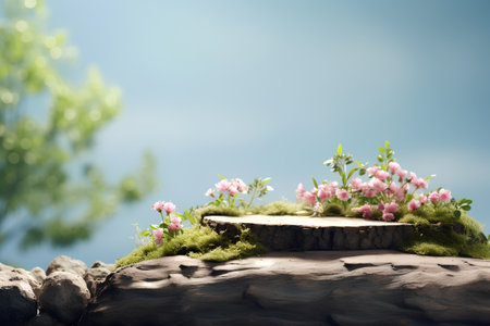 Wooden stump with pink flowers and green grass on nature background.の素材
