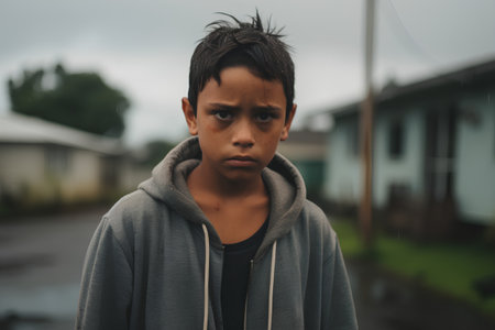 Portrait of a young Asian boy in the rain. Close up.の素材