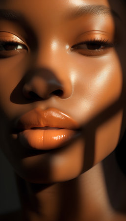 Closeup portrait of a beautiful african american woman with orange lipsの素材