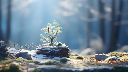 Small tree growing on a log in the forest. Fantasy forest landscape.の素材