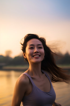 Beautiful asian woman smiling and looking to camera on sunset backgroundの素材