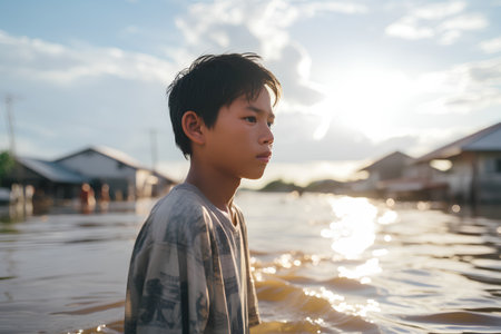 Portrait of asian boy standing in the water at sunset.の素材