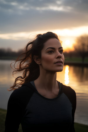 Beautiful young brunette woman in sportswear looking away while standing by the lake at sunset.の素材