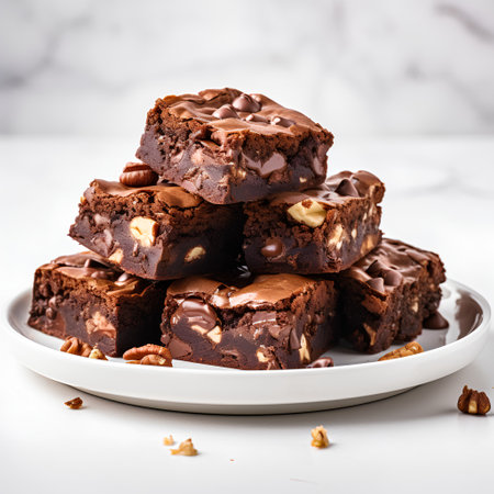 Chocolate brownies with nuts on a white plate, square imageの素材