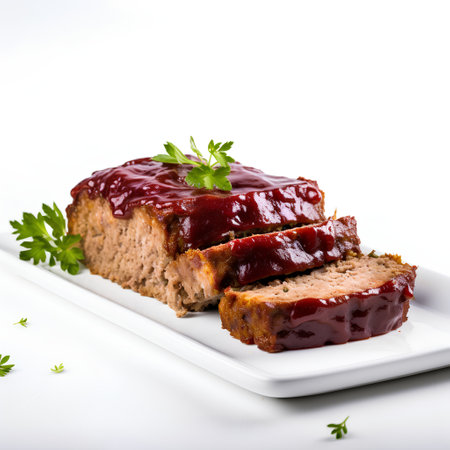 Baked meatloaf with parsley on a white background.の素材