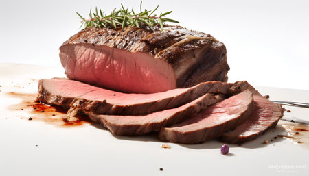 roast beef with rosemary on a white plate isolated on white backgroundの素材