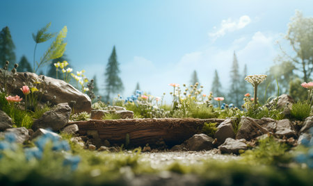 Wooden box with flowers in the meadow. Spring landscape.の素材