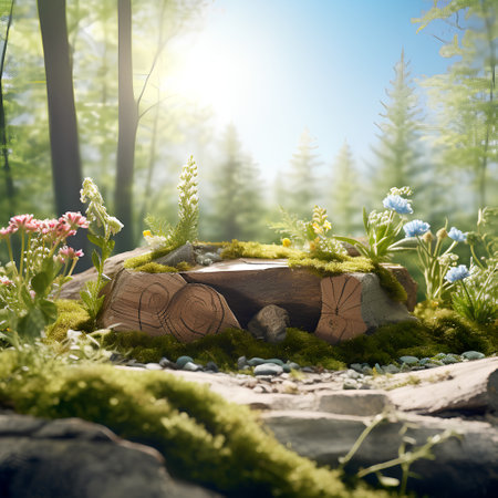Wooden table in the forest with flowers and grass. Nature backgroundの素材