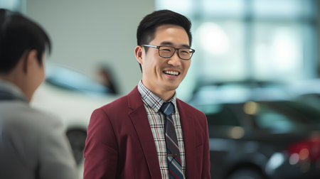 Portrait of happy asian man in suit and eyeglasses standing in car showroomの素材