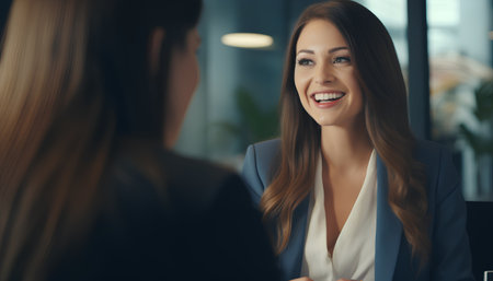 Beautiful businesswoman talking to her colleague in office. Business conceptの素材