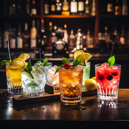 Alcoholic cocktails on the bar counter in a nightclub bar.の素材