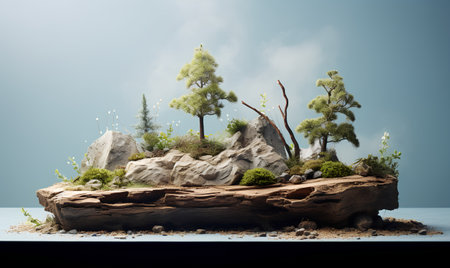 3d rendering of a fantasy landscape with trees and rocks on the groundの素材