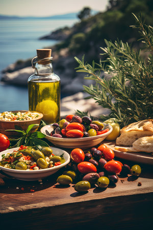 Olives, olive oil and bread on a wooden table on the background of the seaの素材