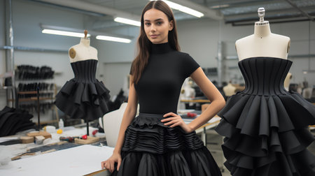 Portrait of a beautiful young woman in black dress at the fashion studioの素材