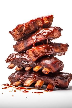 Barbecued pork ribs with barbecue sauce isolated on white background.の素材