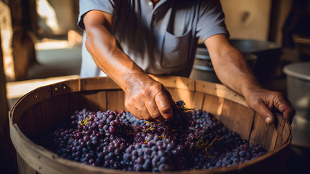 Closeup of the hands of a winemaker holding a bunch of grapesの素材