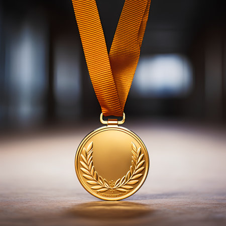 Gold medal with ribbon on a dark background. 3d illustration.の素材