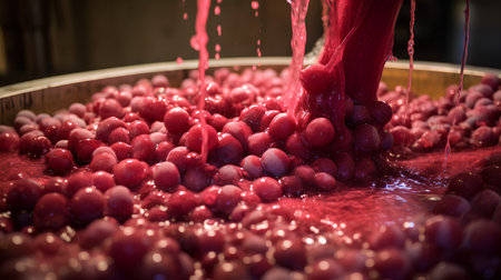 Cherry juice being poured into a bowl with fresh cherries.の素材