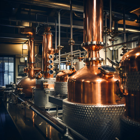 Craft beer brewing equipment on a modern brewery factory. Toned.の素材