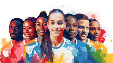 Portrait of a group of people with colorful splashes on white backgroundの素材