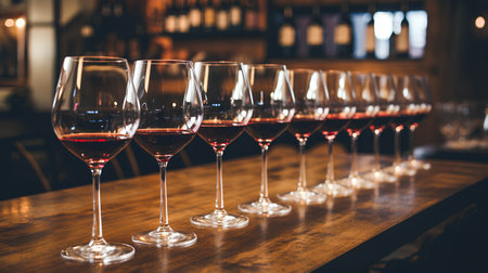 Wine glasses in a row on a bar counter in a restaurantの素材