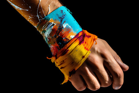 Close up of hand with painted art, isolated on black background.の素材