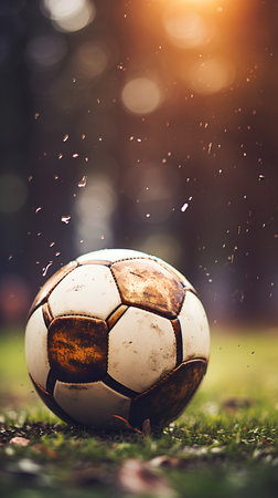 Soccer ball on the grass in the rain. Blurred backgroundの素材