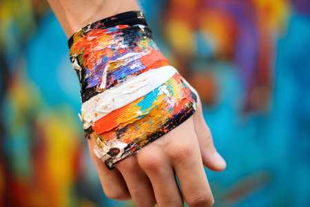 Hands with painted bracelets on colorful background, close-upの素材