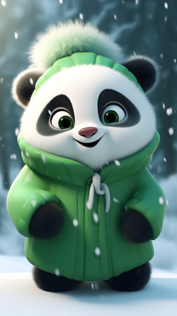 Cute cartoon panda in a green jacket in the winter forestの素材