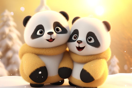 panda couple in winter forest - 3D rendered Illustration.の素材
