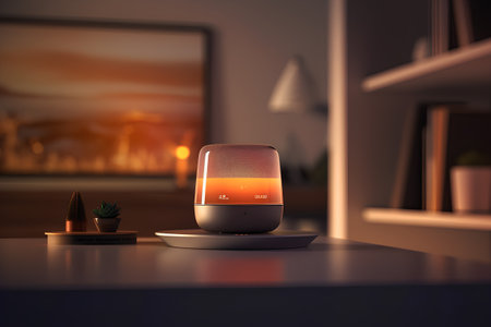 Smart speaker on a table in the living room. 3d renderingの素材