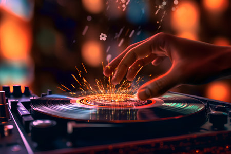 Dj playing music on a turntable with colorful lights in the backgroundの素材