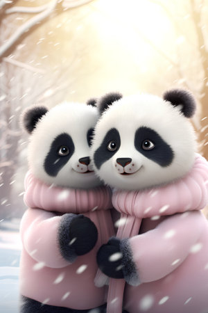 Two cute panda bears in warm clothes in snowy forest. Winter season.の素材