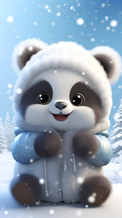 Cute cartoon panda in winter forest. 3D rendering.の素材