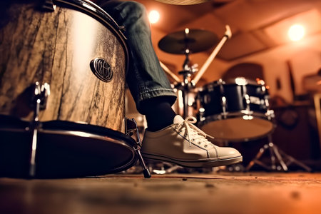 Closeup of a man's feet on drum set at music studioの素材
