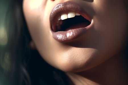 Close-up portrait of a beautiful young woman's mouth. Sexy female lips.の素材