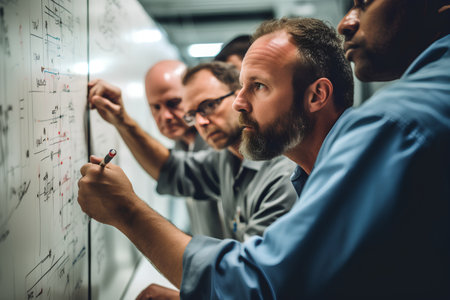 Team of engineers working on a project in a modern office. They are looking at the board with concentration.の素材