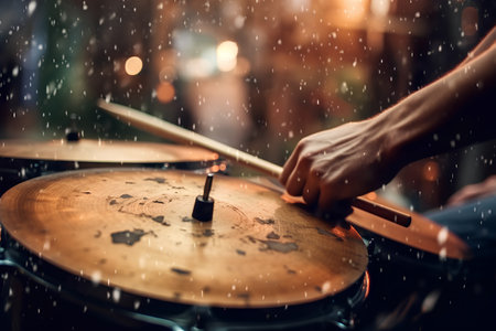 Drummer playing drums on the street in the rain, closeupの素材
