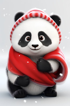 Cute panda in a red scarf and hat. 3D illustration.の素材