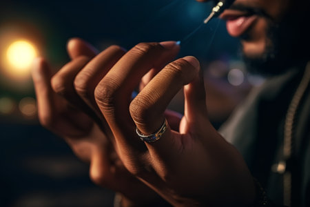 Closeup of a young man smoking a cigarette at night club.の素材