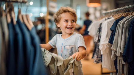 Cute little boy choosing clothes in the clothing store. Shopping conceptの素材
