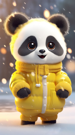 Cute panda in yellow raincoat on winter background. 3D illustration.の素材