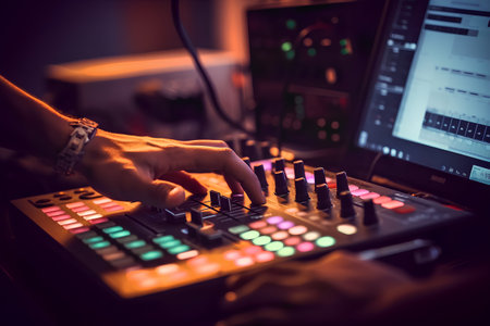 DJ hands mixing music on midi controller in night club, close upの素材